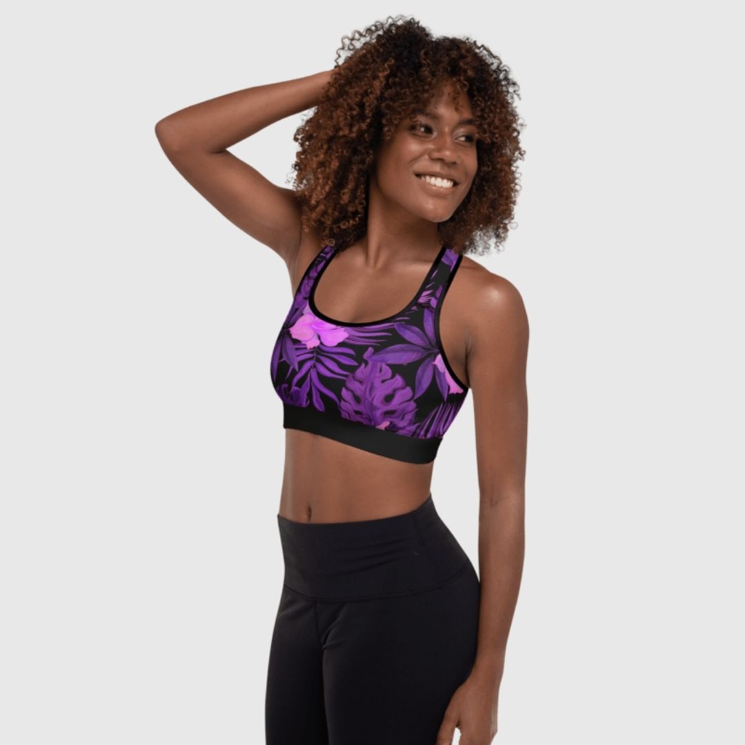 Purple Flower Padded Sports Bra | Comfortable Workout Bra