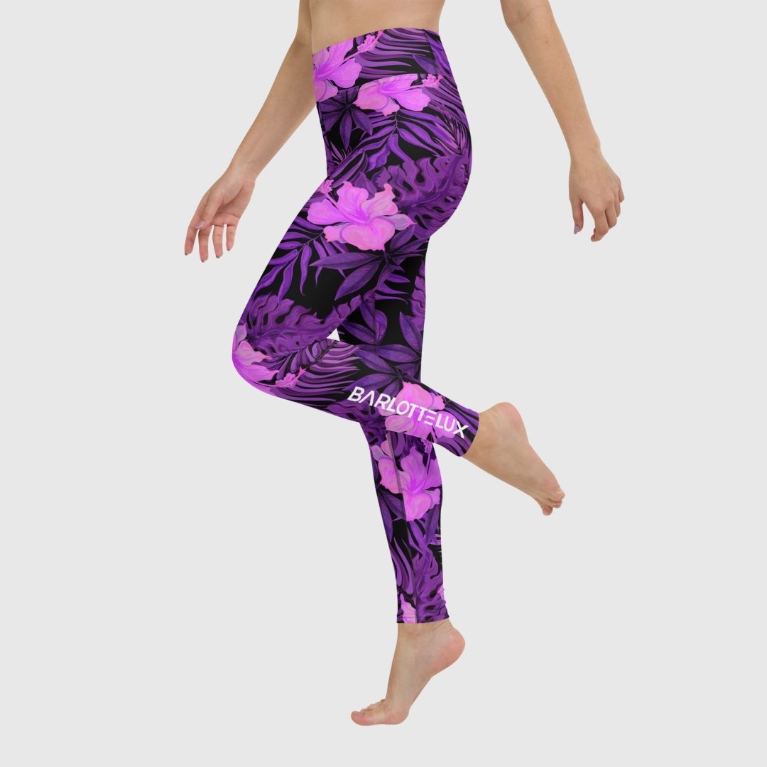 Purple Flower Yoga Leggings | High-Rise Waistband & Four-Way Stretch